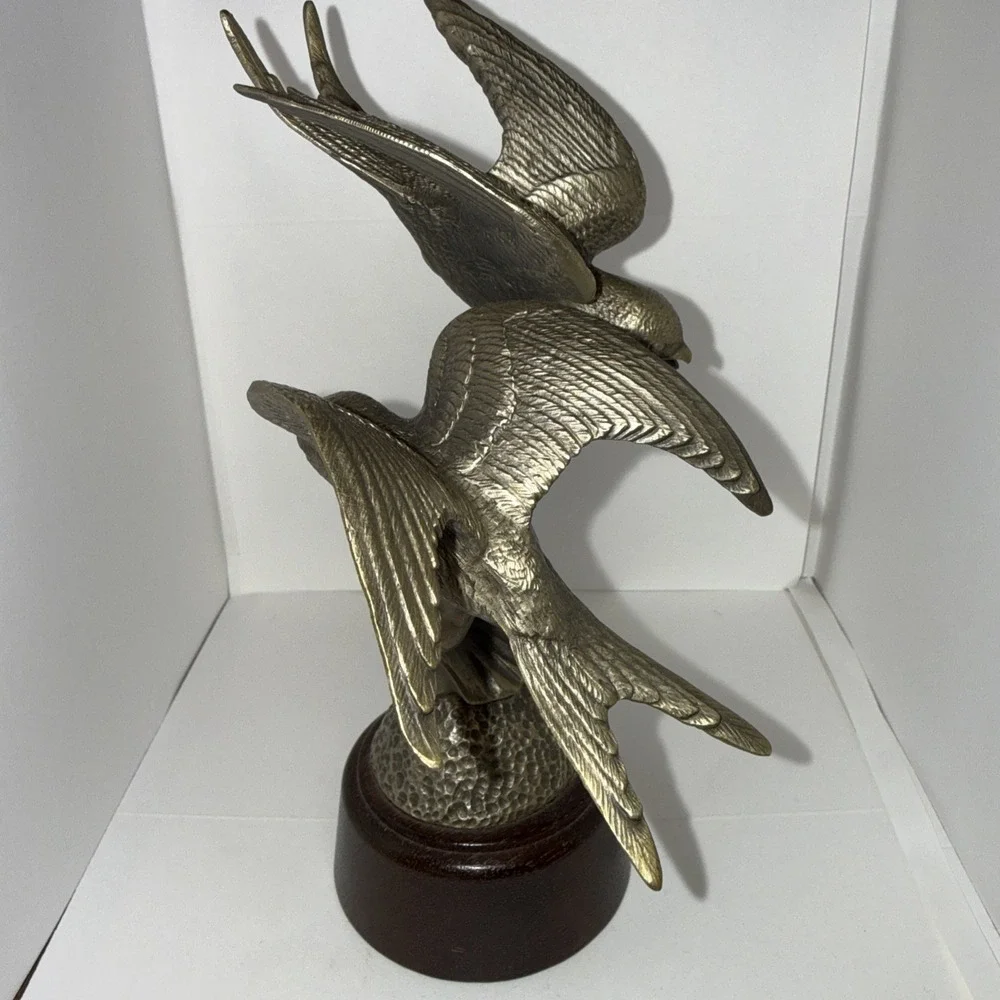 1976 Barn Swallows Irving Burgues Birds‎ Pewter Sculpture Signed Wood Base #1616
